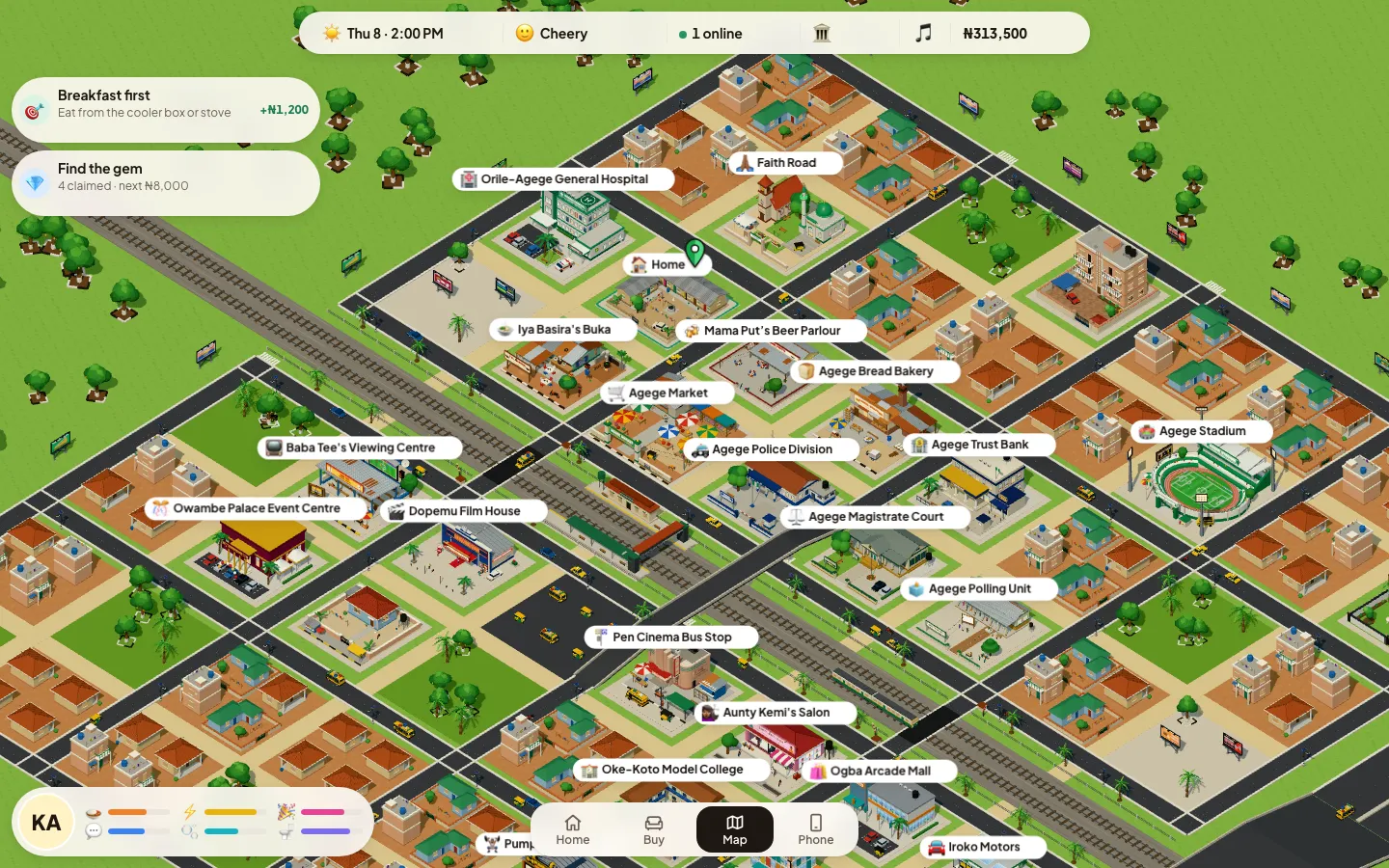 The city map with every place labelled and the Find the gem card on the left.