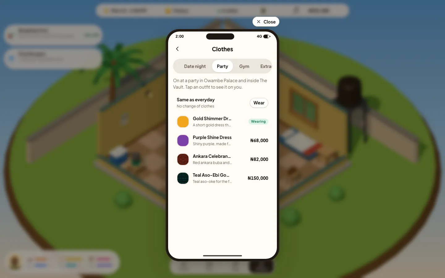 Phone → Clothes on the Party tab: Same as everyday, then four party outfits with their prices.