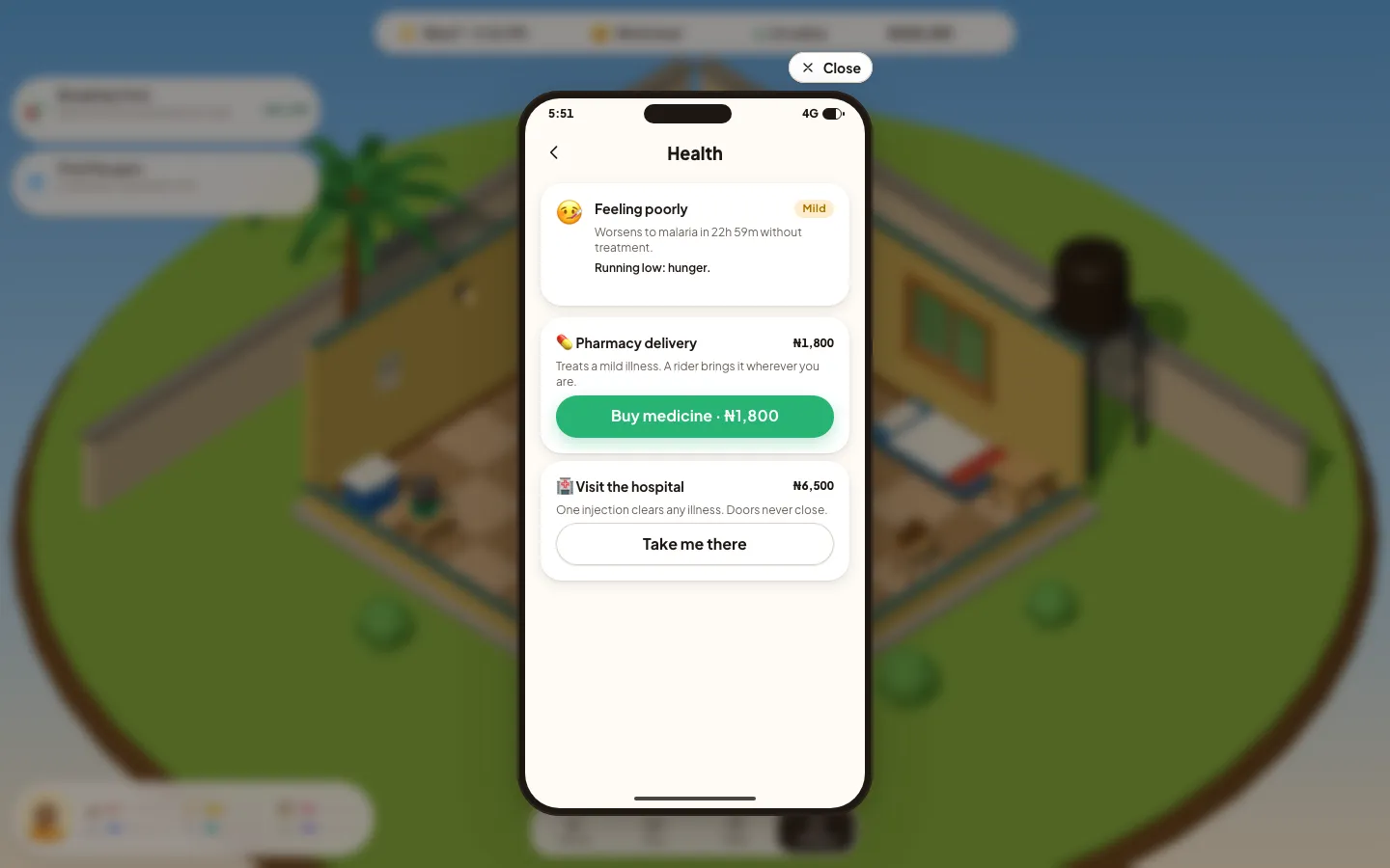 The Health app showing a mild illness, with the medicine and hospital options.