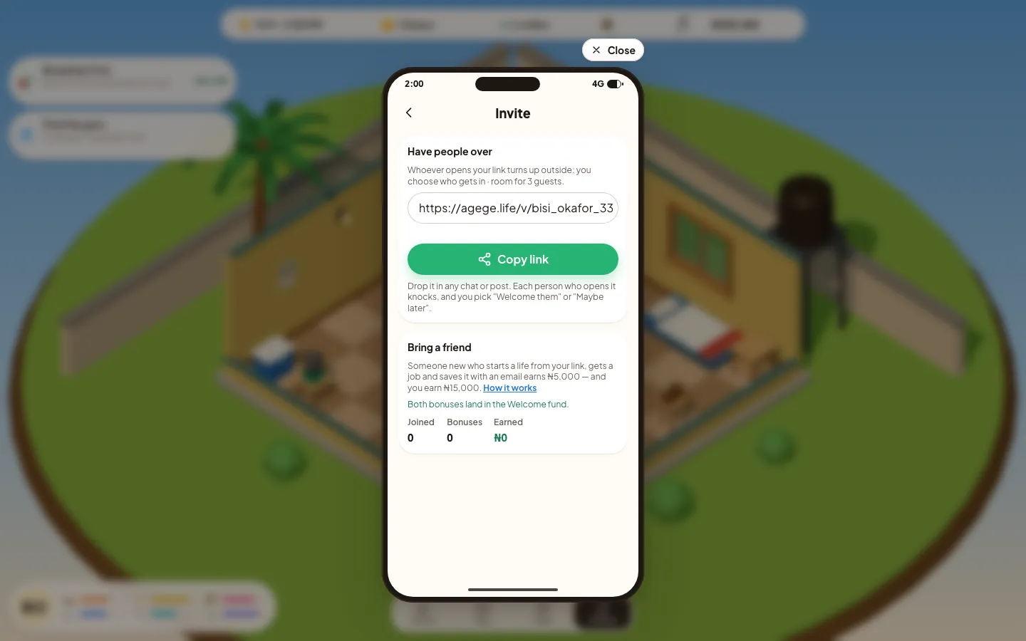 Phone → Invite: the house link with Copy link, and the Bring a friend card with Joined, Bonuses and Earned.