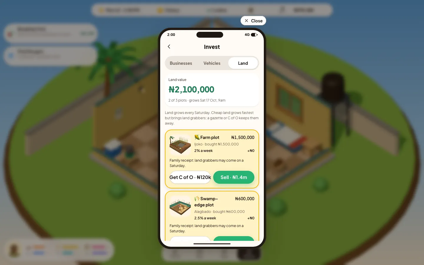 Phone → Invest → Land: the land value, two plots owned with their growth and papers, and Get C of O and Sell buttons.
