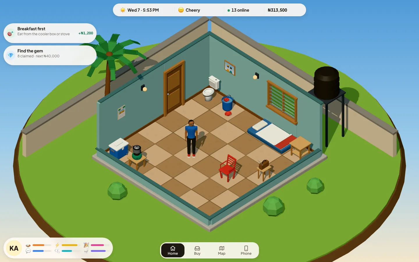 A furnished room: the character beside a cooler box, stove, chair, bed and radio.