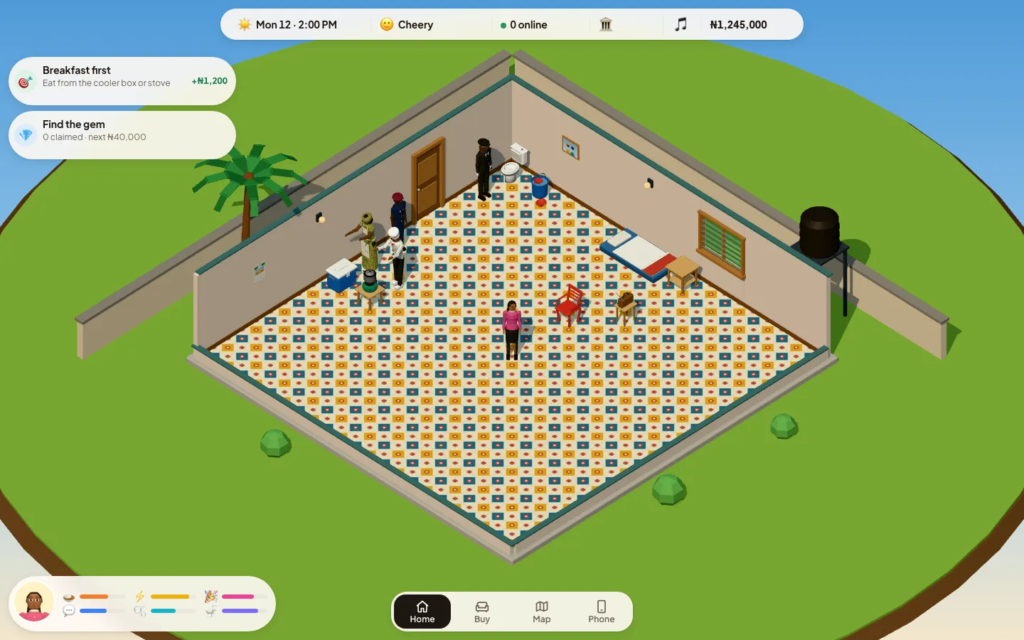 A two-bedroom flat with the staff at their spots: the cook at the stove, the house help by the kitchen and the guard at the door.
